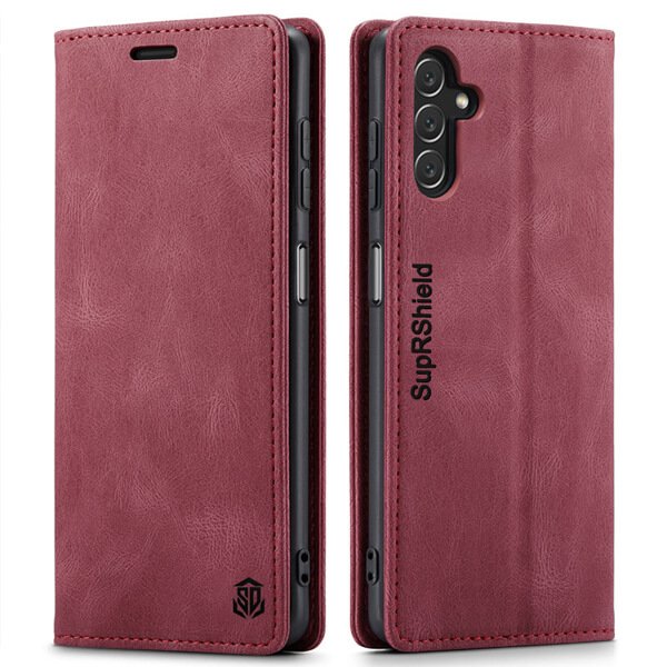 For Samsung Galaxy A14 5G Case RFID Blocking Retro Flip Premium Leather Card Holder Wallet Cover - (Red)