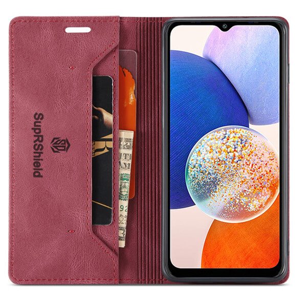 For Samsung Galaxy A14 5G Case RFID Blocking Retro Flip Premium Leather Card Holder Wallet Cover - (Red)