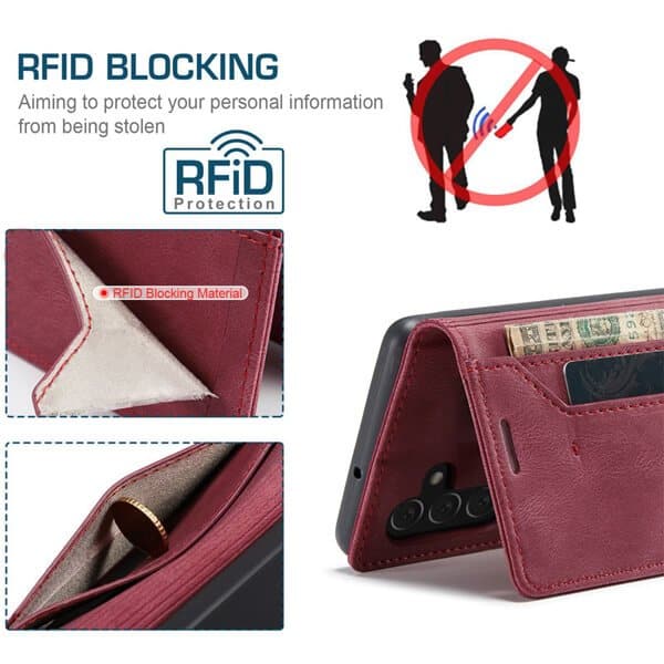 For Samsung Galaxy A14 5G Case RFID Blocking Retro Flip Premium Leather Card Holder Wallet Cover - (Red)