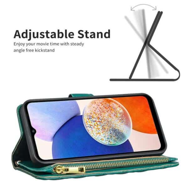 For Samsung Galaxy A14 5G Diamond Quilted Leather Zipper Wallet Flip Case with 9 Card Slots and Lanyard Cover - Green