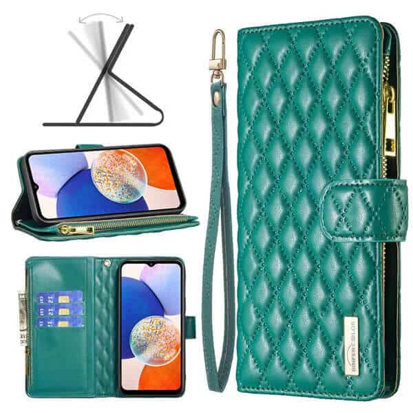 For Samsung Galaxy A14 5G Diamond Quilted Leather Zipper Wallet Flip Case with 9 Card Slots and Lanyard Cover - Green