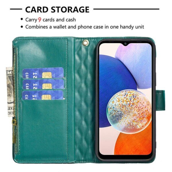 For Samsung Galaxy A14 5G Diamond Quilted Leather Zipper Wallet Flip Case with 9 Card Slots and Lanyard Cover - Green