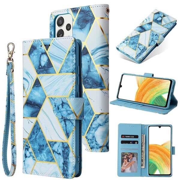 For Samsung Galaxy A33 5G Case Fashion Marble Painting Pattern Flip Wallet Case Leather Card Slots Stand Cover (Blue Gilding)