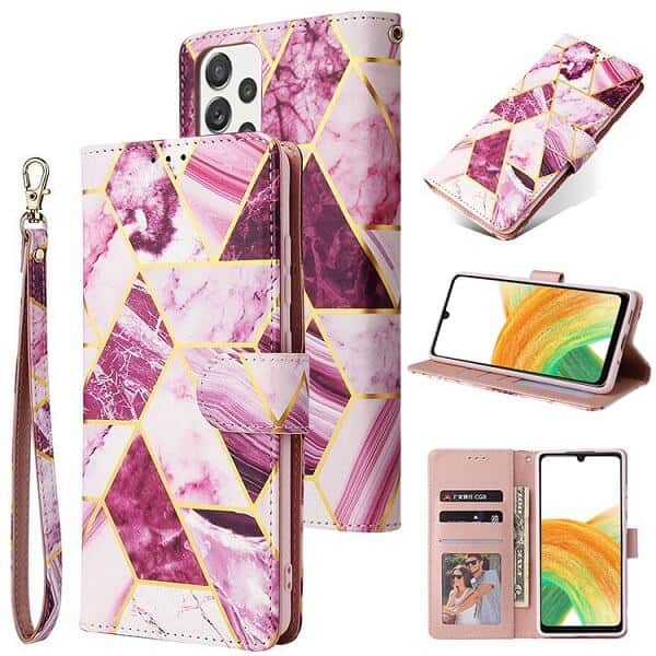 For Samsung Galaxy A33 5G Case Fashion Marble Painting Pattern Flip Wallet Case Leather Card Slots Stand Cover (Purple Gilding)