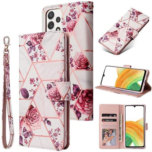 For Samsung Galaxy A33 5G Case Fashion Marble Painting Pattern Flip Wallet Case Leather Card Slots Stand Cover (Rose Gilding)