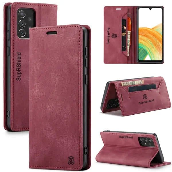 For Samsung Galaxy A33 5G Case RFID Blocking Retro Flip Premium Leather Card Holder Wallet Cover - (Red)