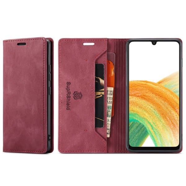 For Samsung Galaxy A33 5G Case RFID Blocking Retro Flip Premium Leather Card Holder Wallet Cover - (Red)