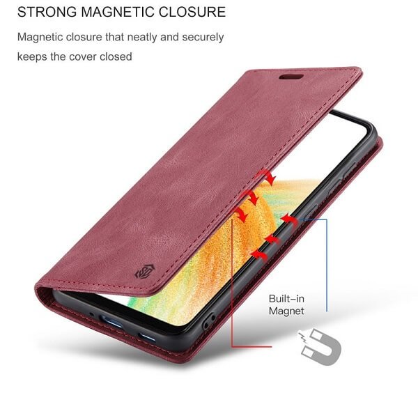 For Samsung Galaxy A33 5G Case RFID Blocking Retro Flip Premium Leather Card Holder Wallet Cover - (Red)