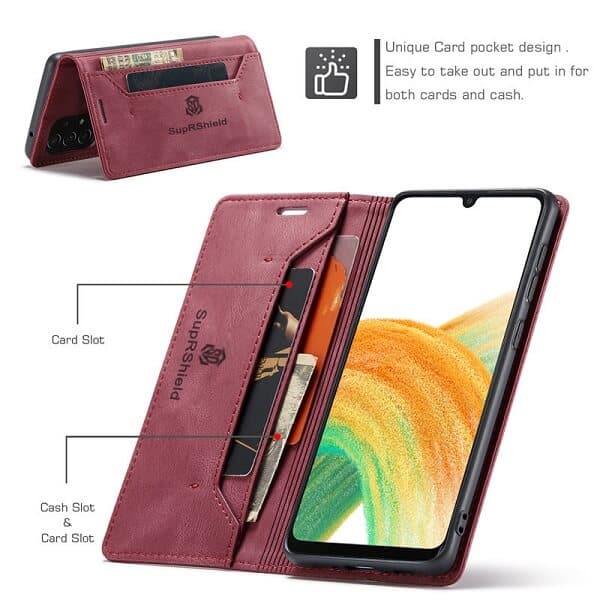 For Samsung Galaxy A33 5G Case RFID Blocking Retro Flip Premium Leather Card Holder Wallet Cover - (Red)