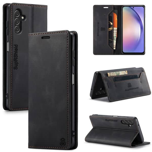 For Samsung Galaxy A54 5G Case RFID Blocking Retro Flip Premium Leather Card Holder Wallet Cover - (Black)
