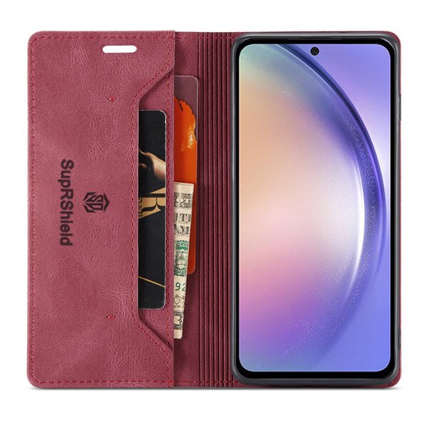 For Samsung Galaxy A54 5G Case RFID Blocking Retro Flip Premium Leather Card Holder Wallet Cover - (Red)