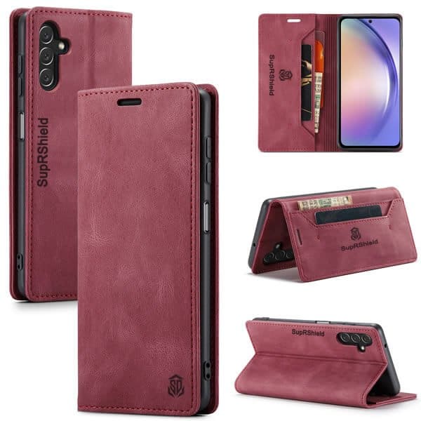 For Samsung Galaxy A54 5G Case RFID Blocking Retro Flip Premium Leather Card Holder Wallet Cover - (Red)