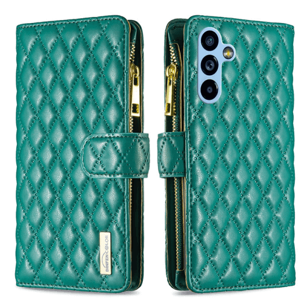 For Samsung Galaxy A54 5G Diamond Quilted Leather Zipper Wallet Flip Case with 9 Card Slots and Lanyard Cover - Green