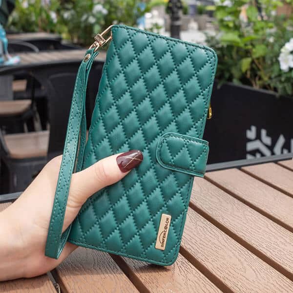For Samsung Galaxy A54 5G Diamond Quilted Leather Zipper Wallet Flip Case with 9 Card Slots and Lanyard Cover - Green