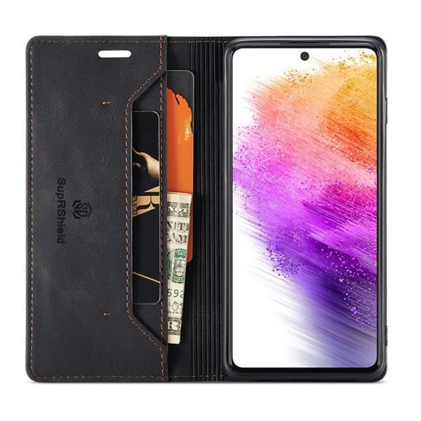 For Samsung Galaxy A73 5G Case RFID Blocking Retro Flip Premium Leather Card Holder Wallet Cover - (Black)