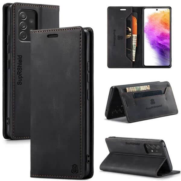 For Samsung Galaxy A73 5G Case RFID Blocking Retro Flip Premium Leather Card Holder Wallet Cover - (Black)