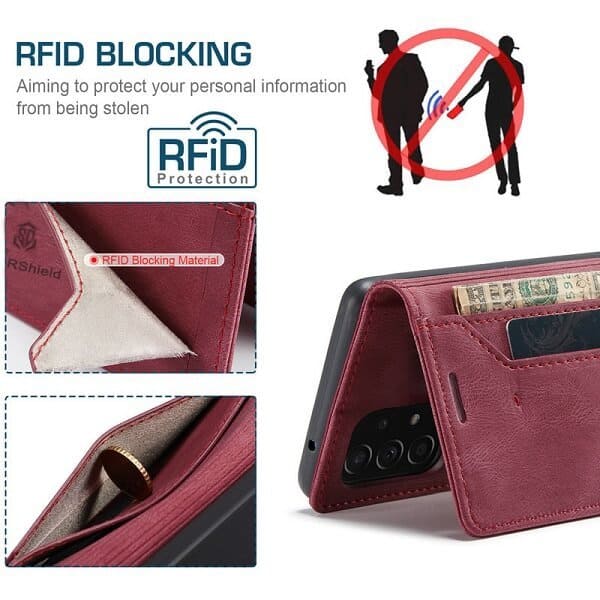 For Samsung Galaxy A73 5G Case RFID Blocking Retro Flip Premium Leather Card Holder Wallet Cover - (Red)