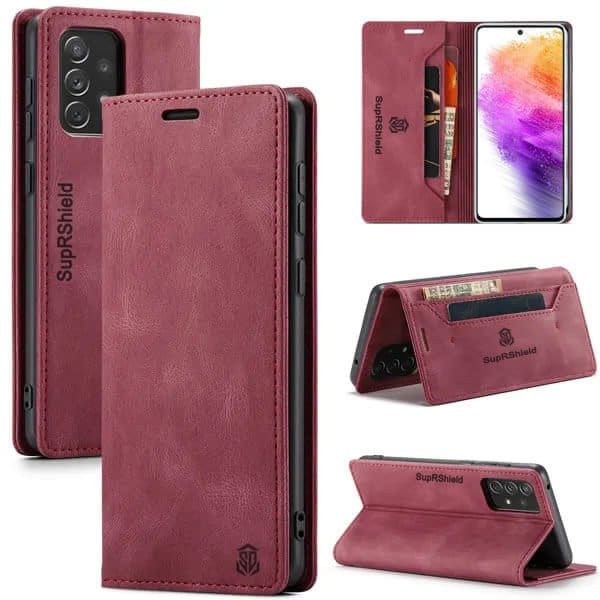 For Samsung Galaxy A73 5G Case RFID Blocking Retro Flip Premium Leather Card Holder Wallet Cover - (Red)