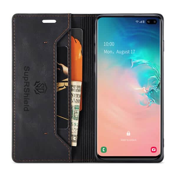 For Samsung Galaxy S10, S10+ S10 Plus SupRShield Case RFID Blocking Retro Flip Premium Leather Card Holder Wallet Cover