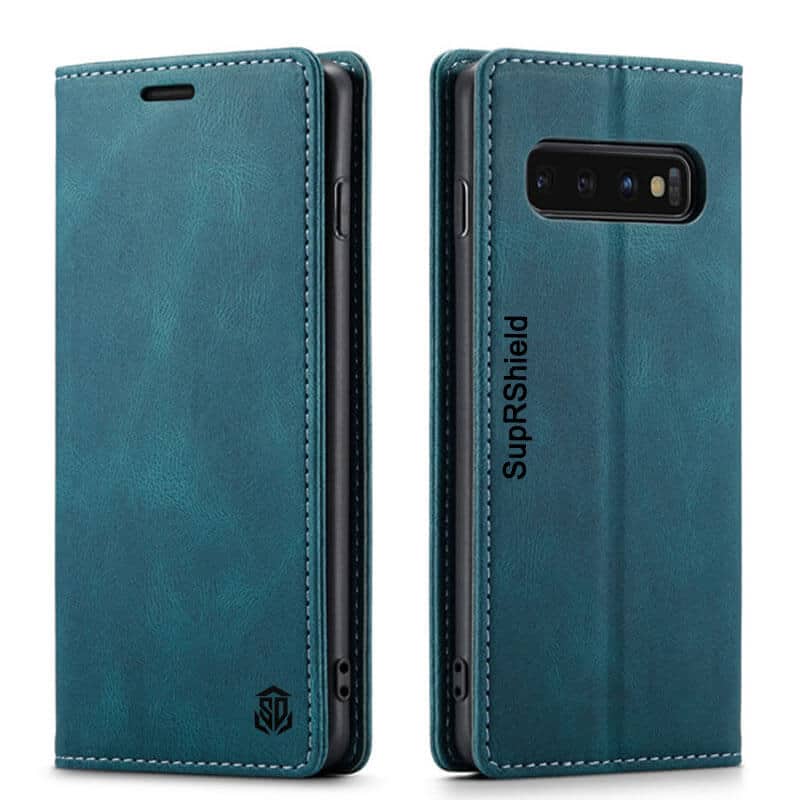 For Samsung Galaxy S10, S10+ S10 Plus SupRShield Case RFID Blocking Retro Flip Premium Leather Card Holder Wallet Cover