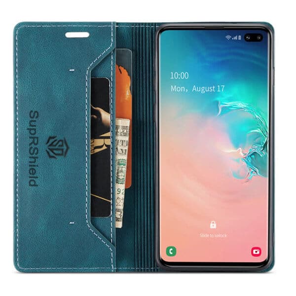 For Samsung Galaxy S10, S10+ S10 Plus SupRShield Case RFID Blocking Retro Flip Premium Leather Card Holder Wallet Cover