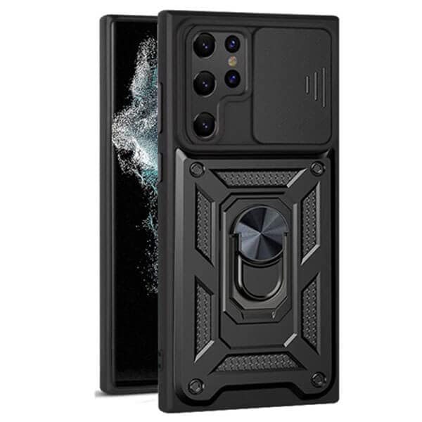 For Samsung Galaxy S22 Ultra Slide Camera Cover & Kickstand, Built-in 360° Rotate Ring Stand Magnetic Ring Shockproof Heavy Duty Case (Black)