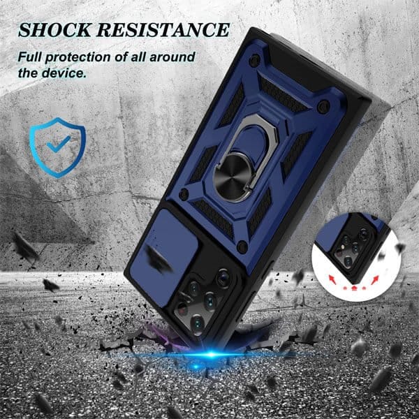 For Samsung Galaxy S22 Ultra Slide Camera Cover & Kickstand, Built-in 360° Rotate Ring Stand Magnetic Ring Shockproof Heavy Duty Case (Navy Blue)