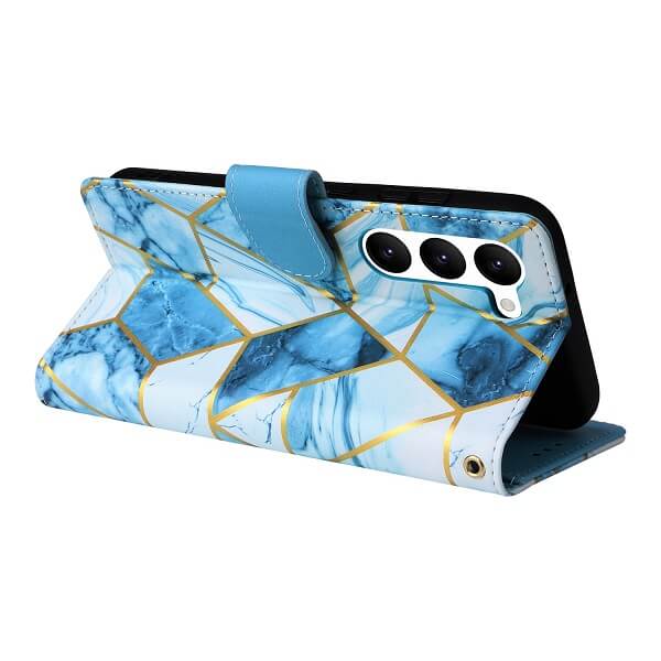 For Samsung Galaxy S23 Case Fashion Marble Painting Pattern Flip Wallet Case Leather Card Slots Stand Cover (Blue Gilding)