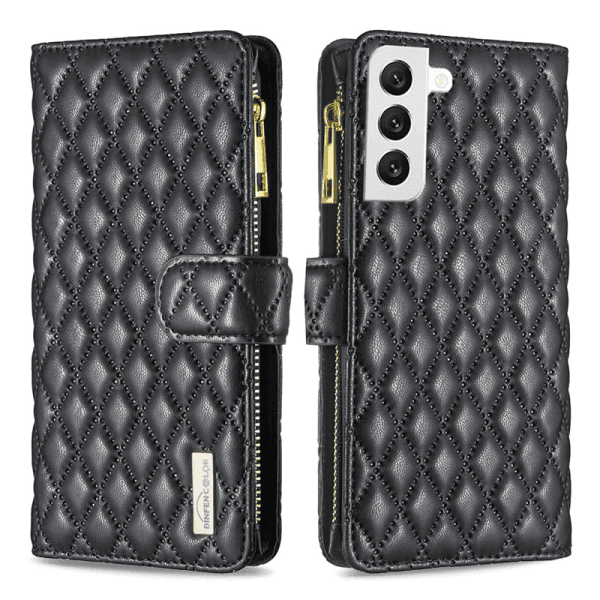 For Samsung Galaxy S23 Diamond Quilted Leather Zipper Wallet Flip Case with 9 Card Slots and Lanyard Cover - Black