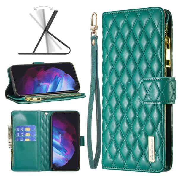 For Samsung Galaxy S23 | S23+ /S23 Plus | S23 Ultra Diamond Quilted Leather Zipper Wallet Flip Case with 9 Card Slots and Lanyard Cover