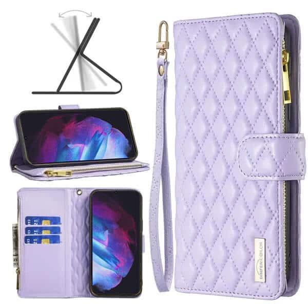 For Samsung Galaxy S23 | S23+ /S23 Plus | S23 Ultra Diamond Quilted Leather Zipper Wallet Flip Case with 9 Card Slots and Lanyard Cover