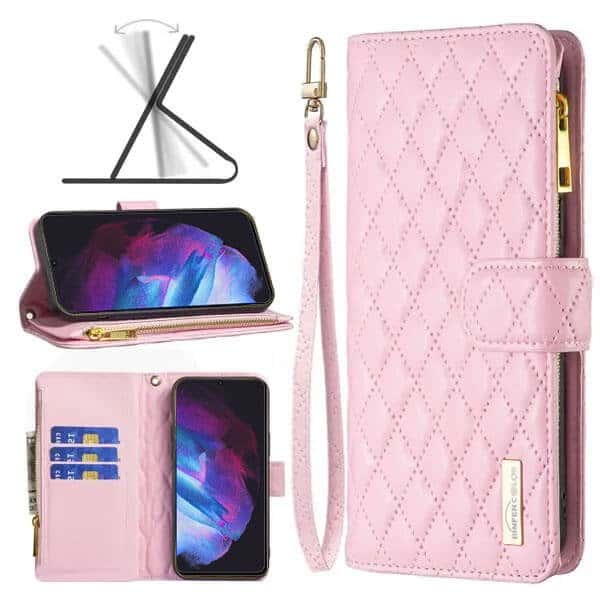 For Samsung Galaxy S23 | S23+ /S23 Plus | S23 Ultra Diamond Quilted Leather Zipper Wallet Flip Case with 9 Card Slots and Lanyard Cover
