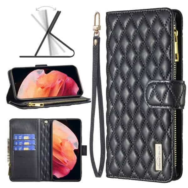 For Samsung Galaxy S23 | S23+ /S23 Plus | S23 Ultra Diamond Quilted Leather Zipper Wallet Flip Case with 9 Card Slots and Lanyard Cover