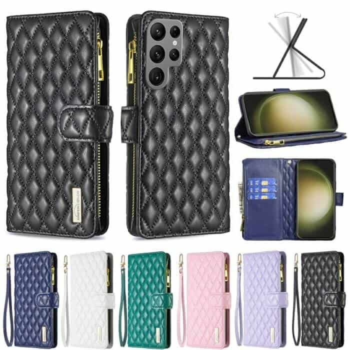 For Samsung Galaxy S23 S23+ S23 Plus S23 Ultra Diamond Quilted Leather Zipper Wallet Flip Case with 9 Card Slots and Lanyard Cover