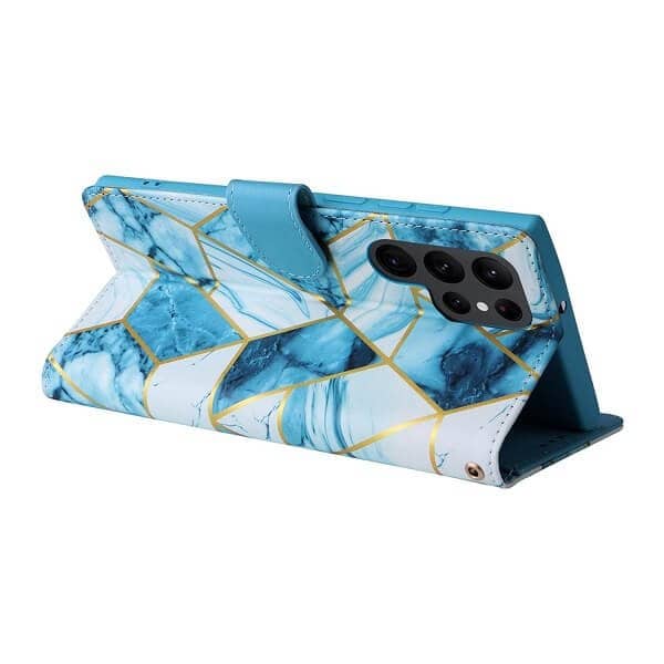 For Samsung Galaxy S23 Ultra Case Fashion Marble Painting Pattern Flip Wallet Case Leather Card Slots Stand Cover (Blue Gilding)
