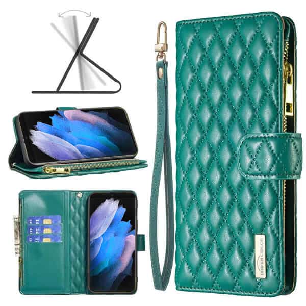 For Samsung Galaxy S23 Ultra Diamond Quilted Leather Zipper Wallet Flip Case with 9 Card Slots and Lanyard Cover - Green