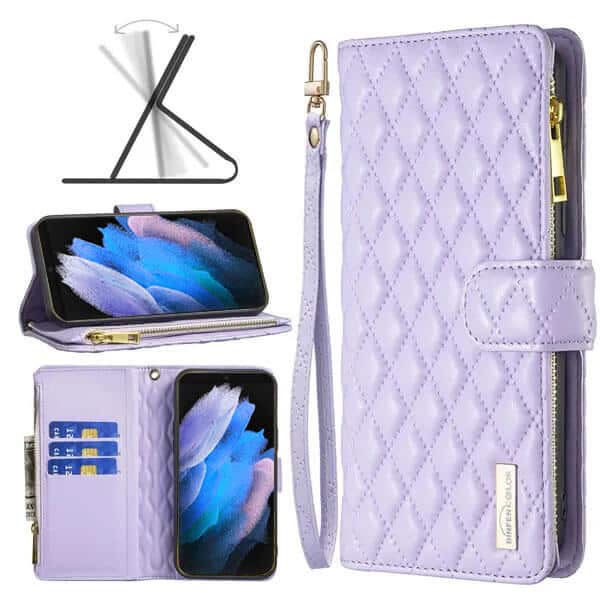 For Samsung Galaxy S23 Ultra Diamond Quilted Leather Zipper Wallet Flip Case with 9 Card Slots and Lanyard Cover - Purple