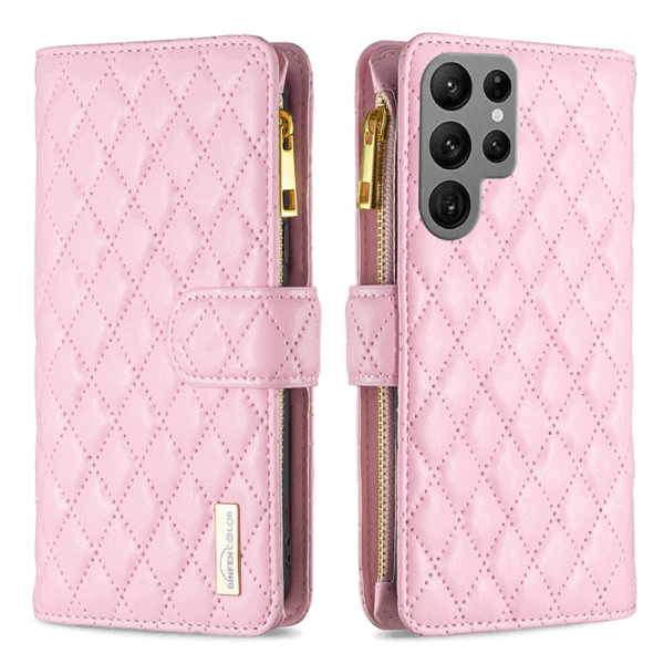 For Samsung Galaxy S23 Ultra Diamond Quilted Leather Zipper Wallet Flip Case with 9 Card Slots and Lanyard Cover - Rose Gold