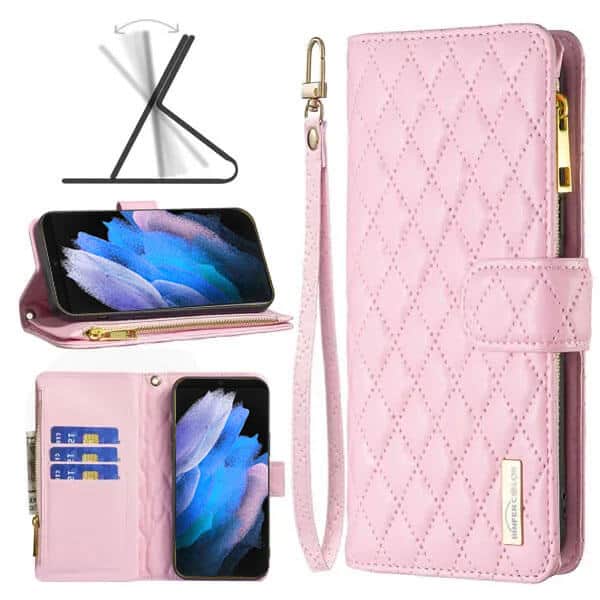 For Samsung Galaxy S23 Ultra Diamond Quilted Leather Zipper Wallet Flip Case with 9 Card Slots and Lanyard Cover - Rose Gold