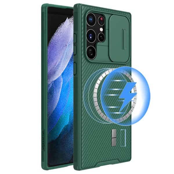 For Samsung Galaxy S23 Ultra [Support Magsafe Charger] Nillkin CamShield With Camera Protection Slim Magnetic Shockproof Heavy Duty Cover (Green)