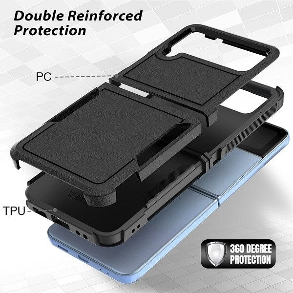 For Samsung Galaxy Z Flip 4 5G 3in1 Case Drop Resistant Defender Tradies Hybrid Armor Heavy Duty Rugged Shockproof Tough Cover (Black)