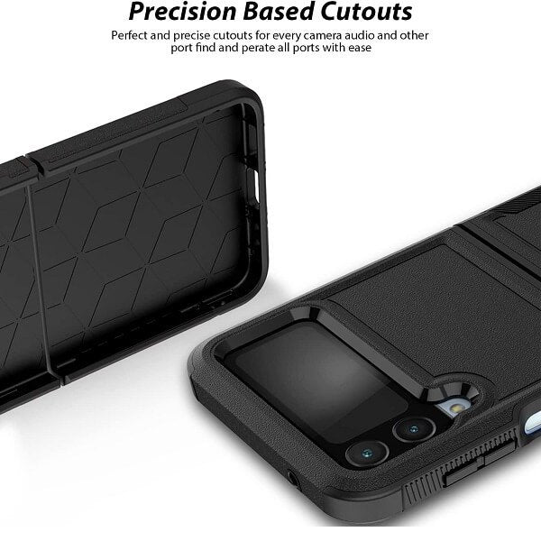 For Samsung Galaxy Z Flip 4 5G 3in1 Case Drop Resistant Defender Tradies Hybrid Armor Heavy Duty Rugged Shockproof Tough Cover (Black)