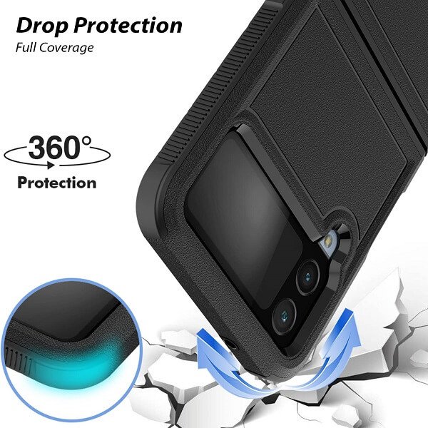For Samsung Galaxy Z Flip 4 5G 3in1 Case Drop Resistant Defender Tradies Hybrid Armor Heavy Duty Rugged Shockproof Tough Cover (Black)