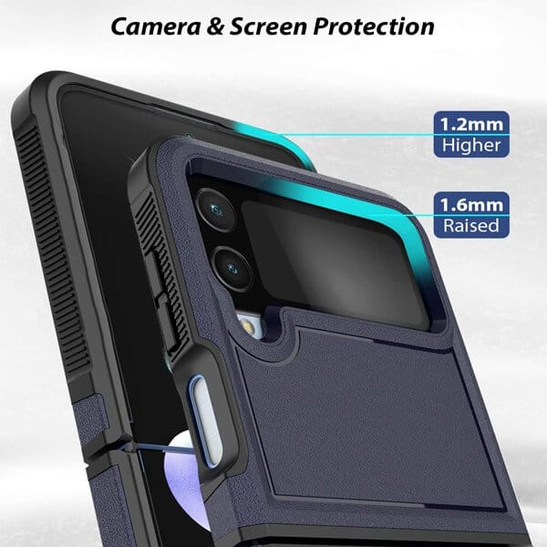 For Samsung Galaxy Z Flip 4 5G 3in1 Case Drop Resistant Defender Tradies Hybrid Armor Heavy Duty Rugged Shockproof Tough Cover (Navy Blue)
