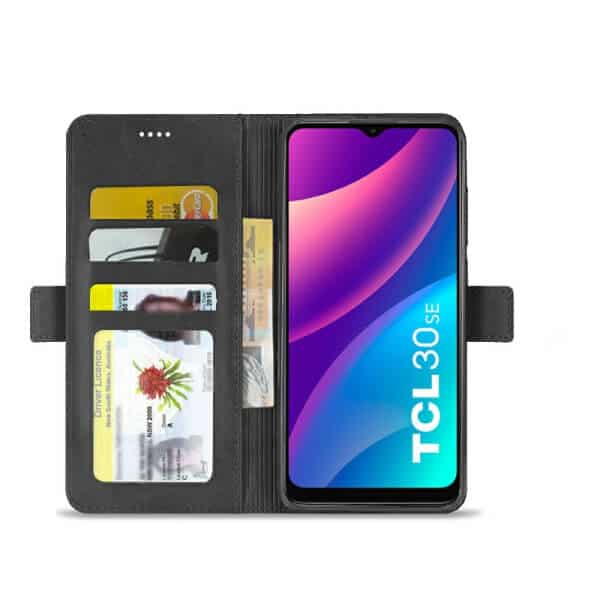 For TCL 30 SE Case RFID Blocking Retro Flip Premium Leather Card Holder Wallet Cover – (Black)