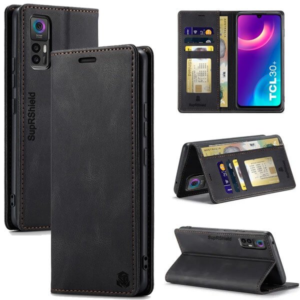 For TCL 30+ TCL 30 Plus Case RFID Blocking Retro Flip Premium Leather Card Holder Wallet Cover - (Black)