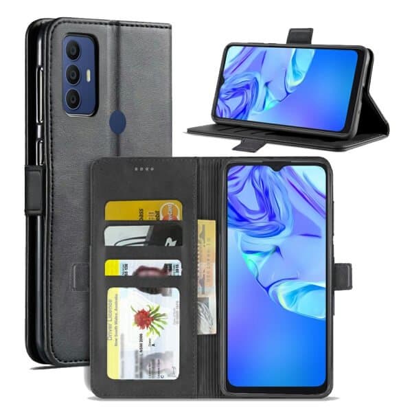 For TCL 305 Case RFID Blocking Retro Flip Premium Leather Card Holder Wallet Cover – (Black)