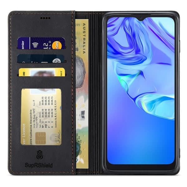 For TCL 305 Case RFID Blocking Retro Flip Premium Leather Card Holder Wallet Cover – (Black)