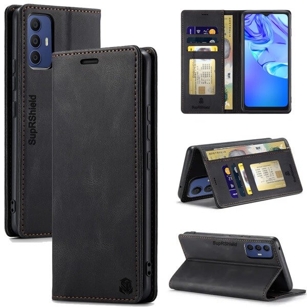 For TCL 305 Case RFID Blocking Retro Flip Premium Leather Card Holder Wallet Cover – (Black)