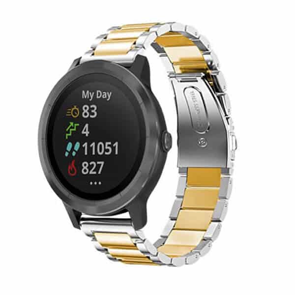 Garmin Forerunner 245 Music Bands, 20mm Stainless Steel Metal Replacement Strap Loop Bracelet Women Men (Dual Silver Gold)